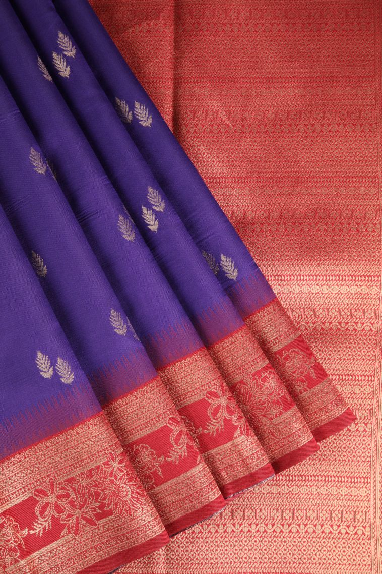 Admiral Blue Raw Silk Sarees with Gold Zari Leaf Pattern