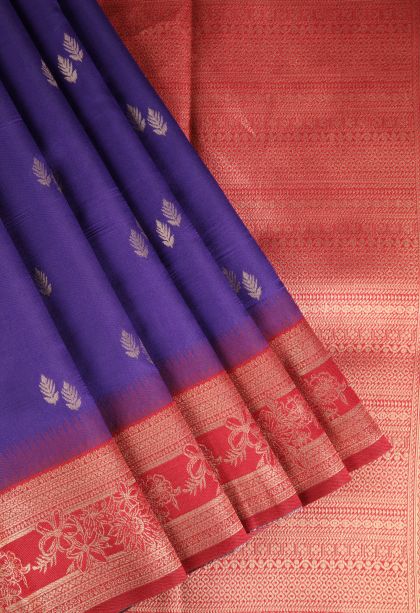 Admiral Blue Raw Silk Sarees with Gold Zari Leaf Pattern