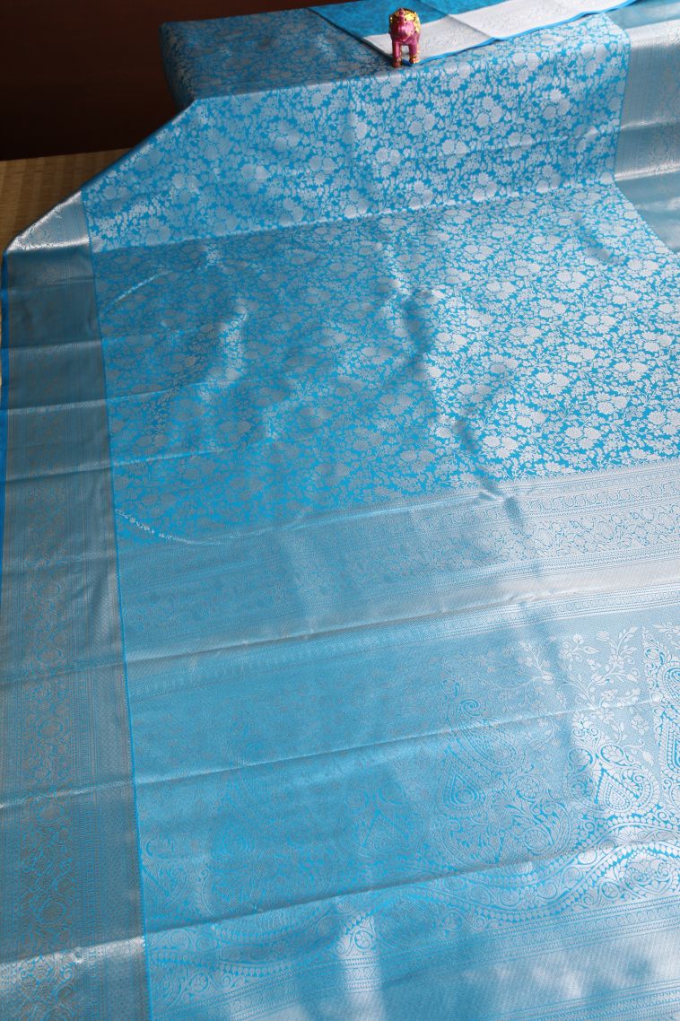 Cerulean Blue Apoorva Silk Sarees Silver Zari with Floral Patterns view 2