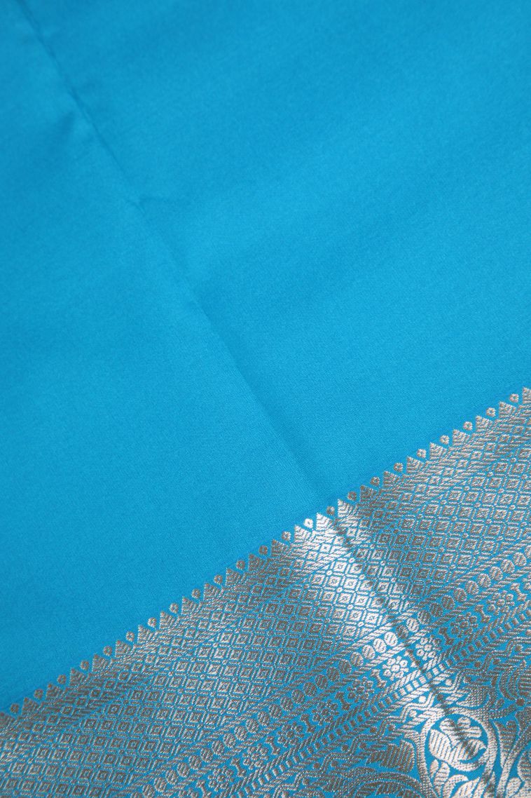 Cerulean Blue Apoorva Silk Sarees Silver Zari with Floral Patterns view 3