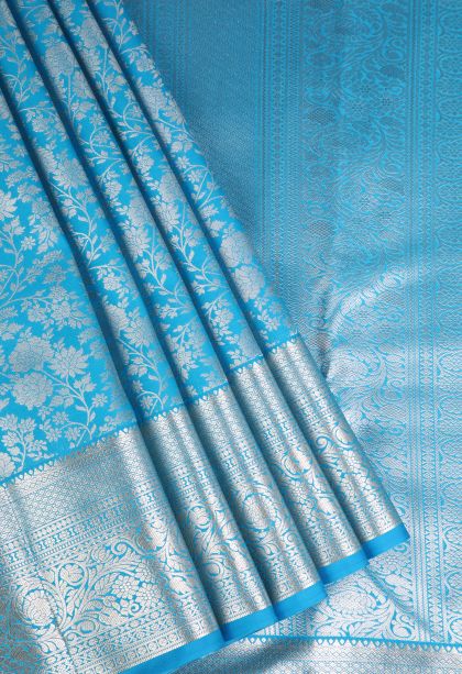 Cerulean Blue Apoorva Silk Sarees Silver Zari with Floral Patterns