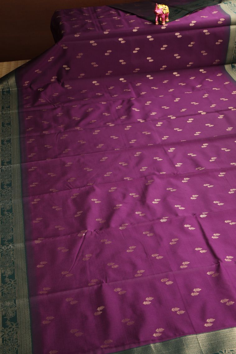 Magenta Purple Raw Silk Sarees with Gold Zari Leaf Pattern view 2