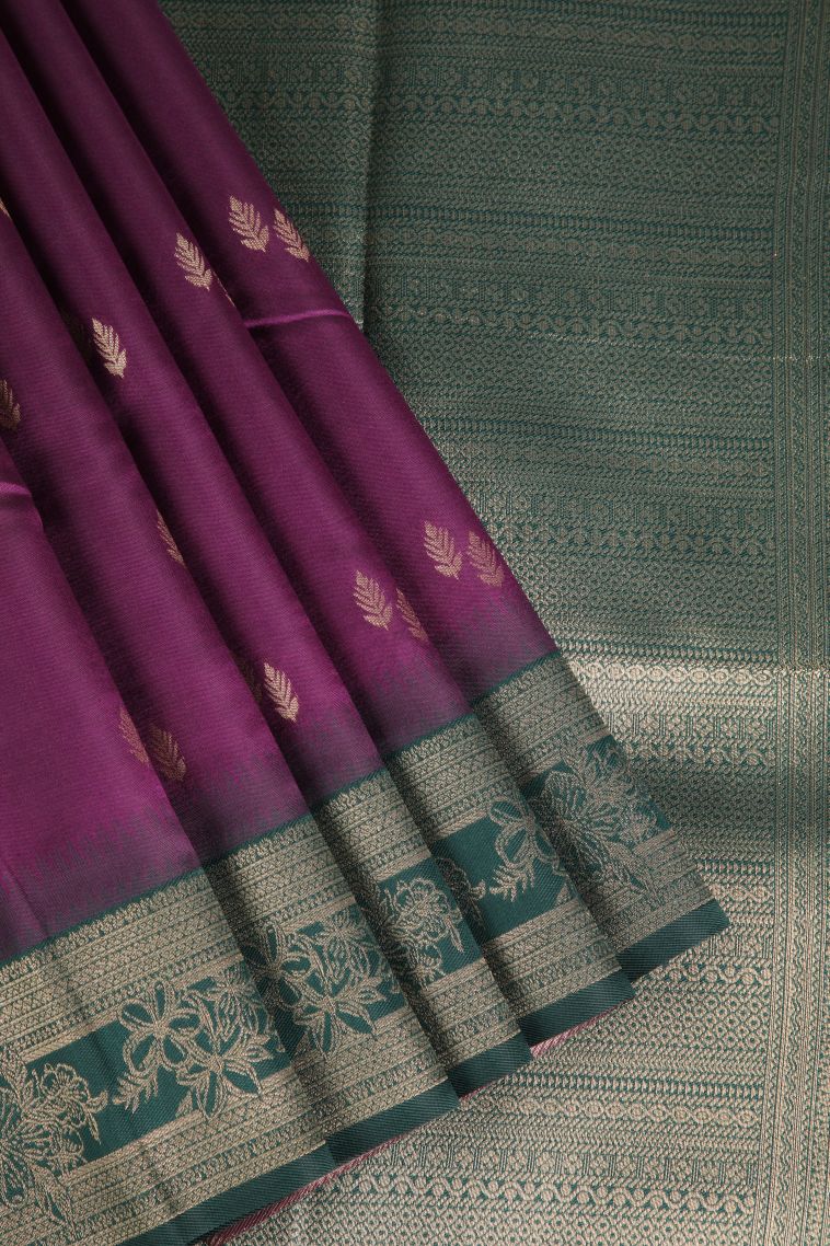 Magenta Purple Raw Silk Sarees with Gold Zari Leaf Pattern view 1