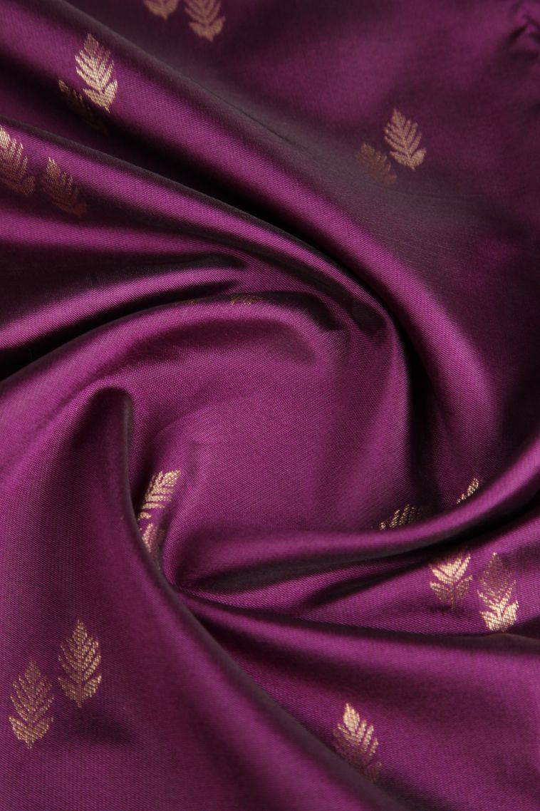 Magenta Purple Raw Silk Sarees with Gold Zari Leaf Pattern view 4