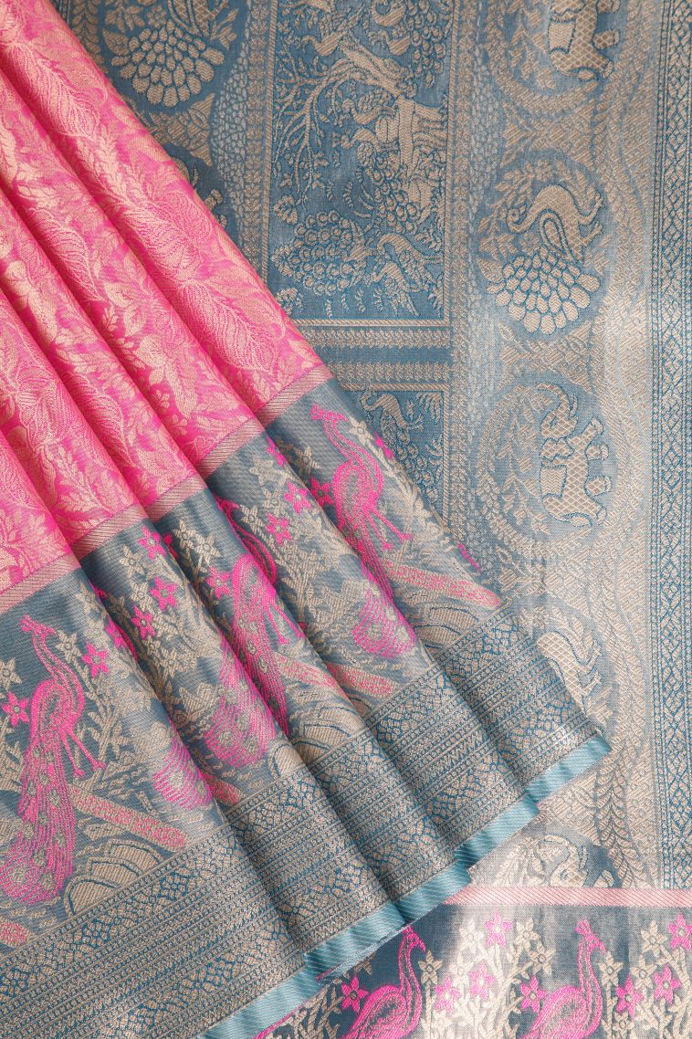 Bubblegum Pink Apoorva Silk Sarees with Gold Zari Leaf Pattern view 1