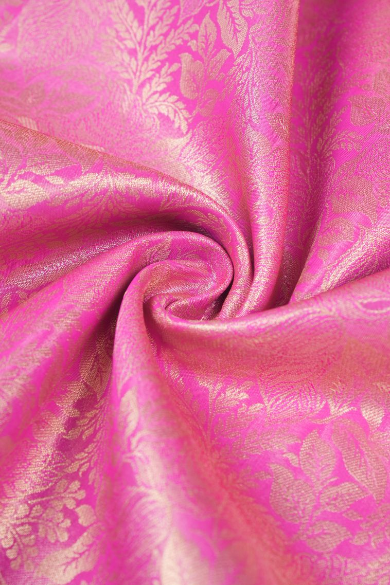 Bubblegum Pink Apoorva Silk Sarees with Gold Zari Leaf Pattern view 4