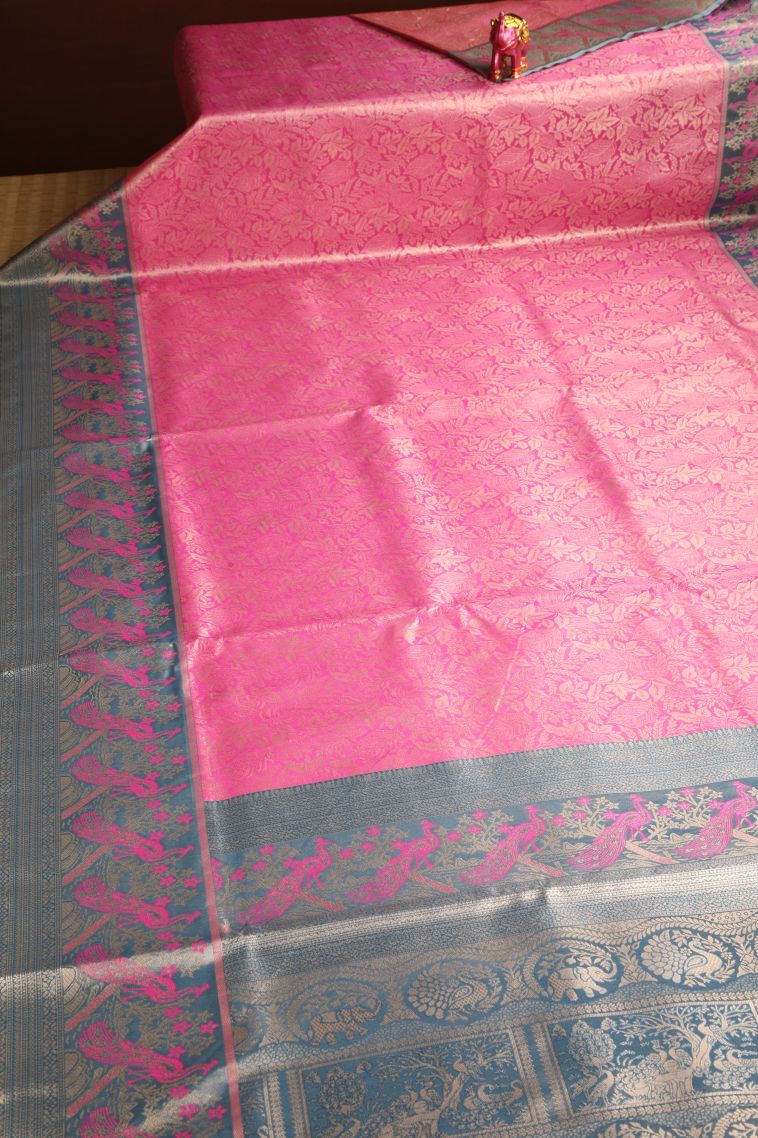 Bubblegum Pink Apoorva Silk Sarees with Gold Zari Leaf Pattern view 2
