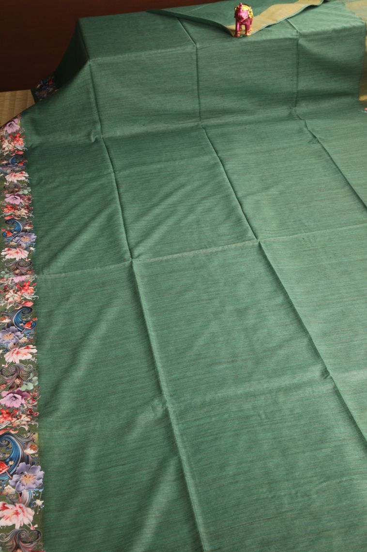 Basil Green Jute Sarees with Gold Zari Plain view 2