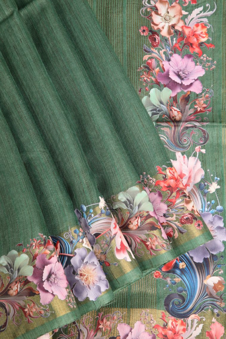 Basil Green Jute Sarees with Gold Zari Plain view 1