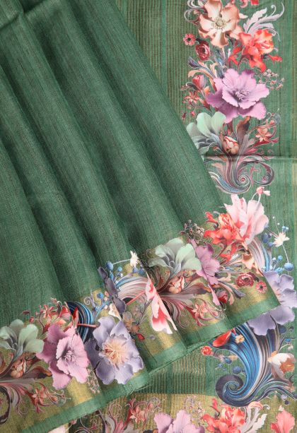 Basil Green Jute Sarees with Gold Zari Plain