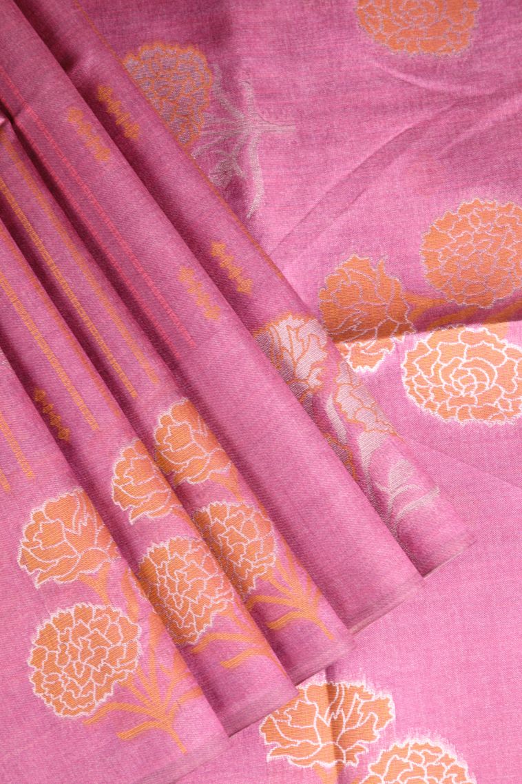 Rose Pink Semi Tussar Silk with Silver Zari Stripes view 1