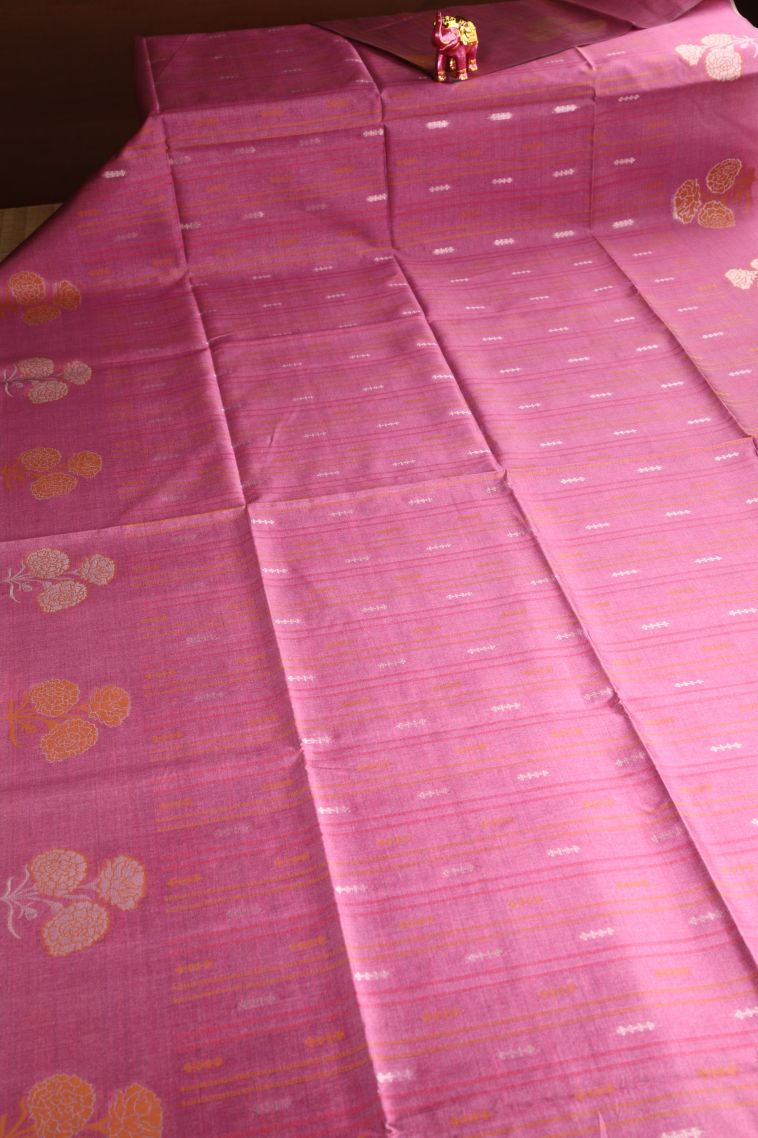 Rose Pink Semi Tussar Silk with Silver Zari Stripes view 2