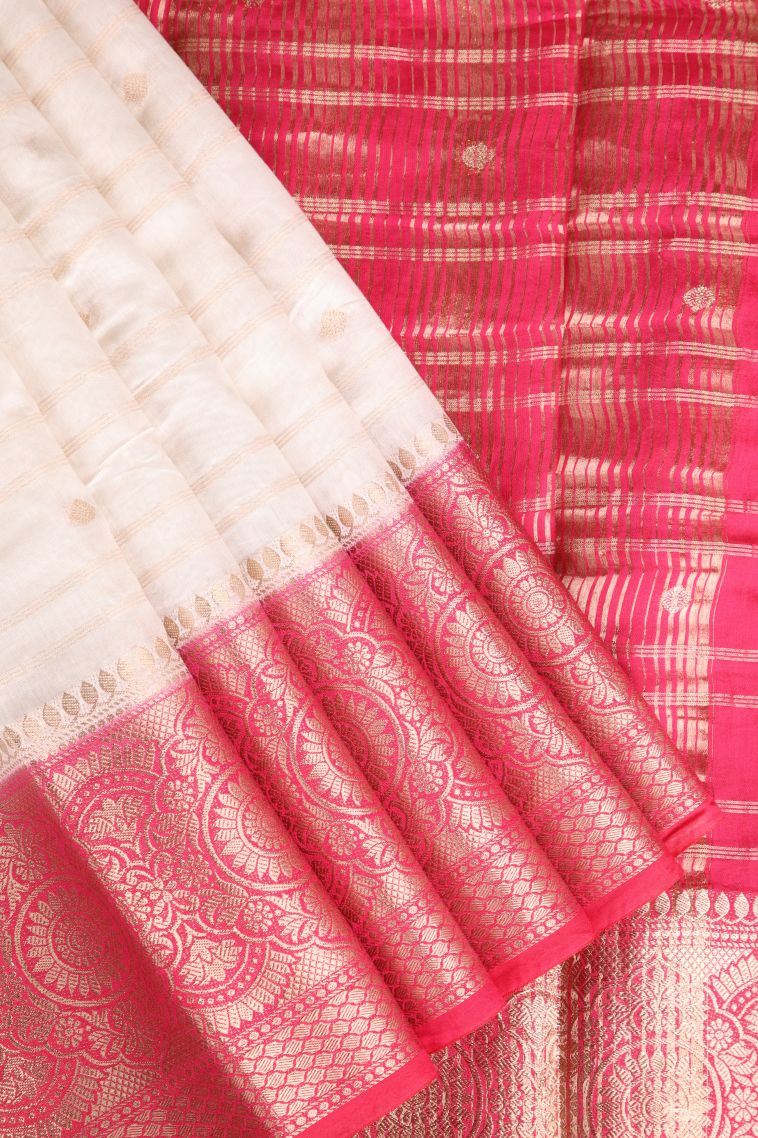 Porcelain White Chanderi Cotton Sarees Antic Zari with Cross Straipes