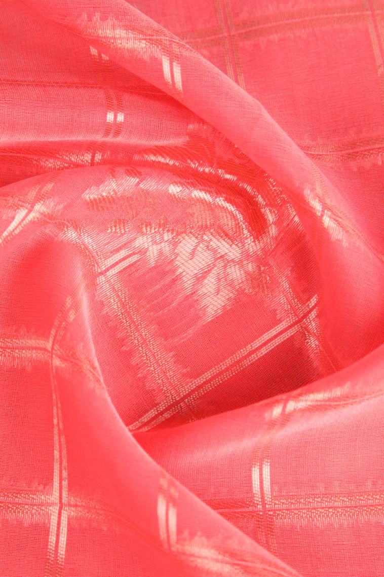Strawberry Pink Jute Sarees Antic Zari with Checks view 4