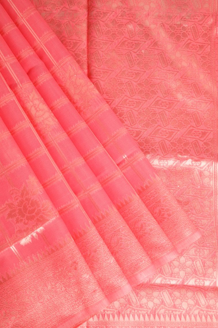 Strawberry Pink Jute Sarees Antic Zari with Checks view 1