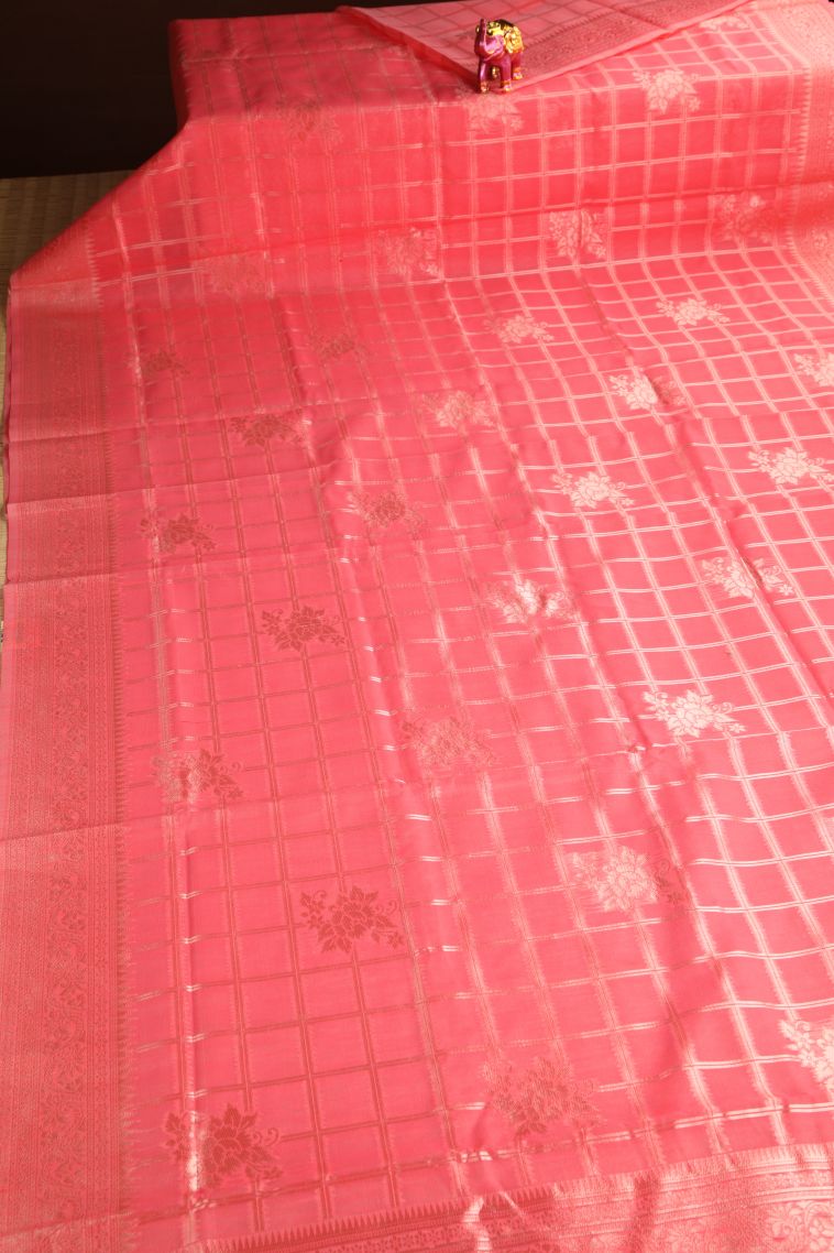 Strawberry Pink Jute Sarees Antic Zari with Checks view 2