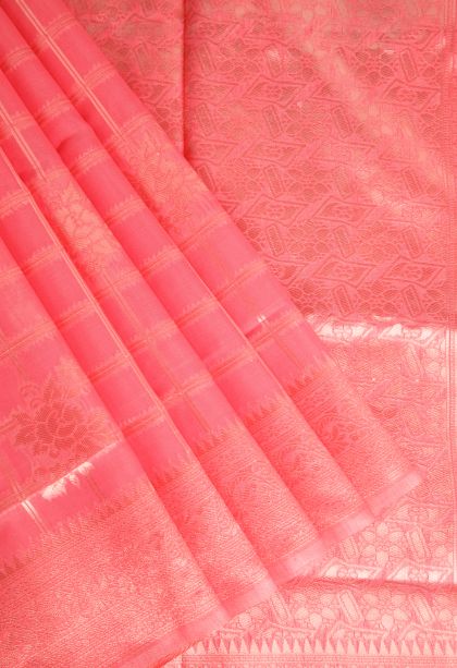 Strawberry Pink Jute Sarees Antic Zari with Checks