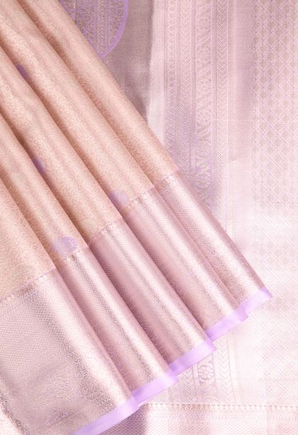 Salmon Pink Apoorva Silk Sarees with Gold And Silver Zari Floral Puttas