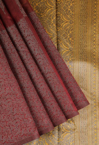 Crimson Red Jute Sarees with Antic Zari Floral Patterns