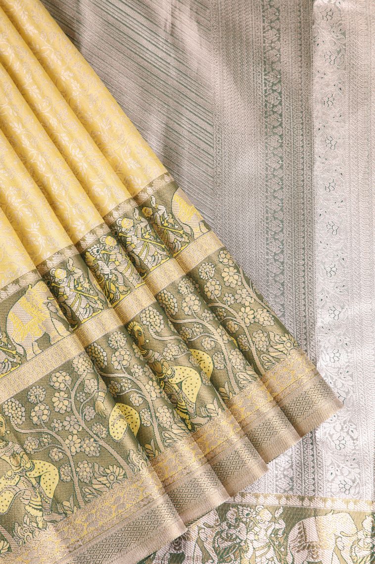Lemon Yellow Apoorva Silk Sarees with Silver Zari Floral Puttas view 1