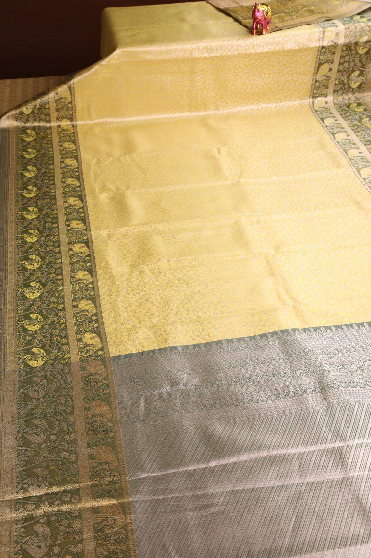 Lemon Yellow Apoorva Silk Sarees with Silver Zari Floral Puttas view 2