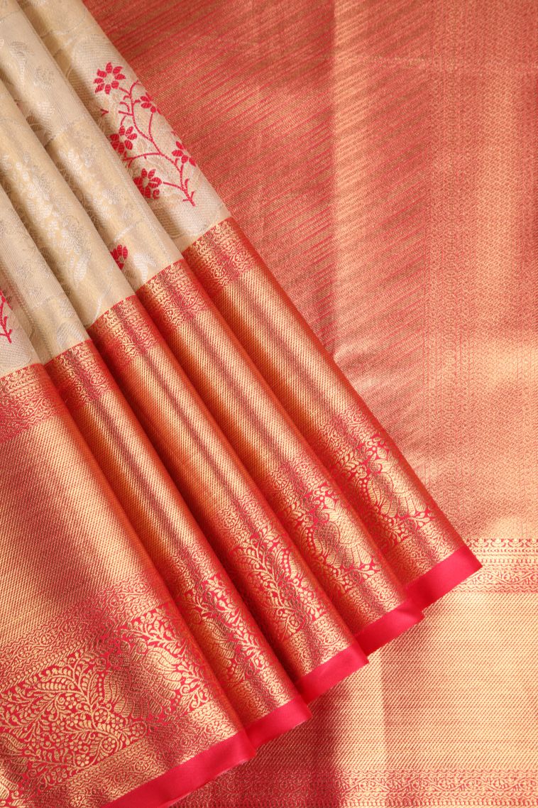 Vanilla Custard Yellow Apoorva Silk Sarees with Gold And Silver Zari Floral Patterns view 1
