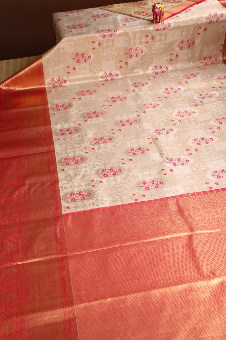 Vanilla Custard Yellow Apoorva Silk Sarees with Gold And Silver Zari Floral Patterns view 2