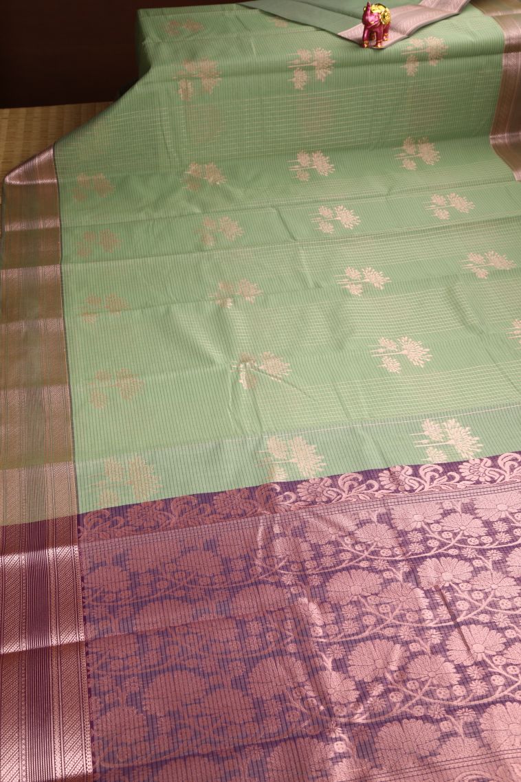 Sage Green Silk Cotton Sarees with Copper Zari Floral Patterns view 2