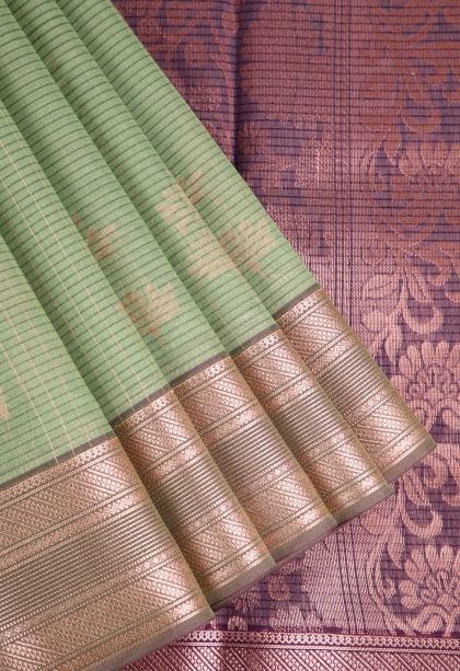 Sage Green Silk Cotton Sarees with Copper Zari Floral Patterns