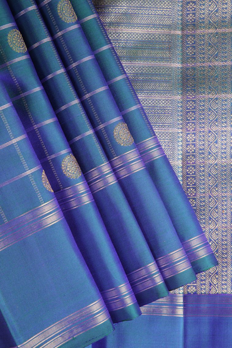 Cerulean Blue Kanchipuram Silk Sarees with Gold Zari Peacock And Rudhractam view 1