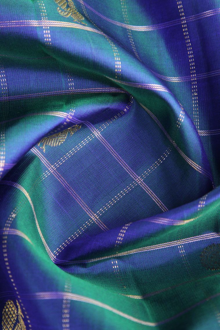 Cerulean Blue Kanchipuram Silk Sarees with Gold Zari Peacock And Rudhractam view 4