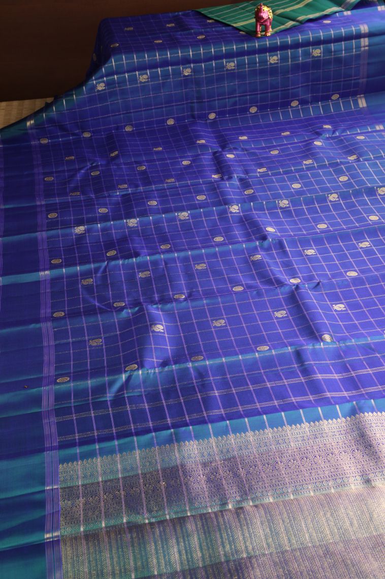 Cerulean Blue Kanchipuram Silk Sarees with Gold Zari Peacock And Rudhractam view 2