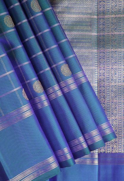 Cerulean Blue Kanchipuram Silk Sarees with Gold Zari Peacock And Rudhractam