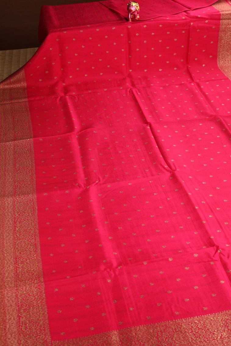 Strawberry Pink Banaras Sarees Antic Zari with Floral Puttas view 2