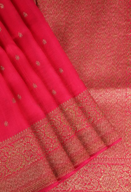 Strawberry Pink Banaras Sarees Antic Zari with Floral Puttas
