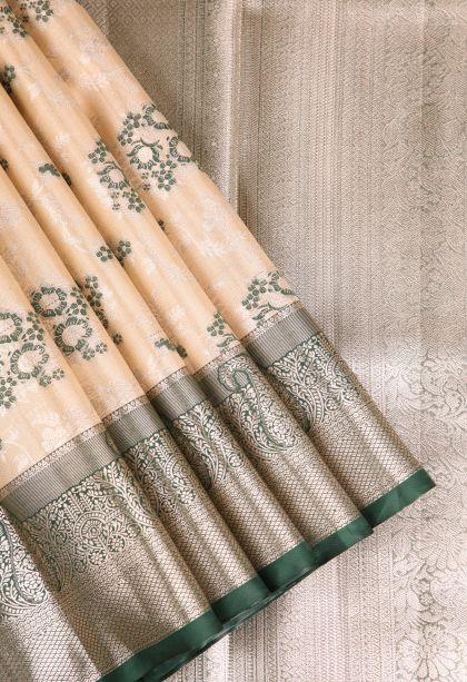 Vanilla Custard Yellow Apoorva Silk Sarees with Silver Zari Floral Patterns