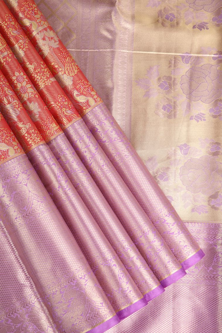 Dawn Red Apoorva Silk Sarees with Gold Zari Animal  Mottif view 1