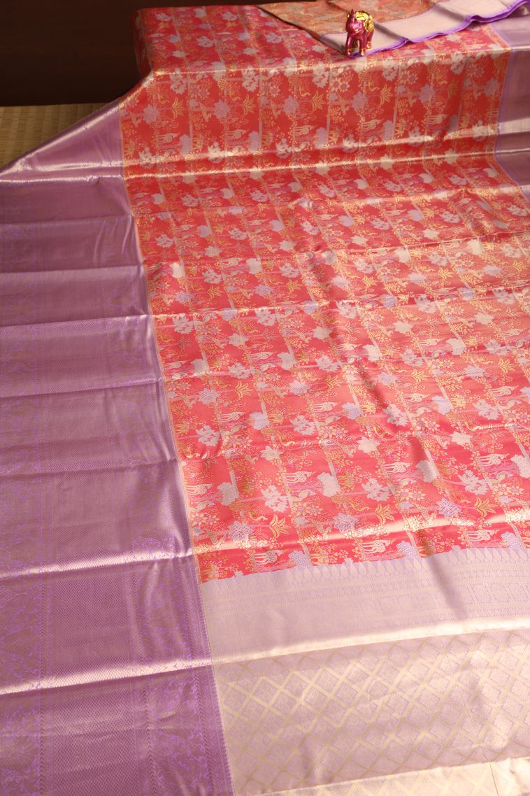 Dawn Red Apoorva Silk Sarees with Gold Zari Animal  Mottif view 2