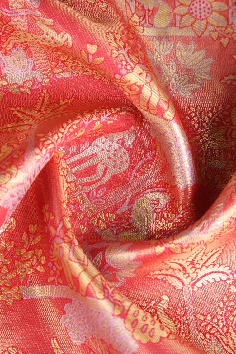 Dawn Red Apoorva Silk Sarees with Gold Zari Animal  Mottif view 4