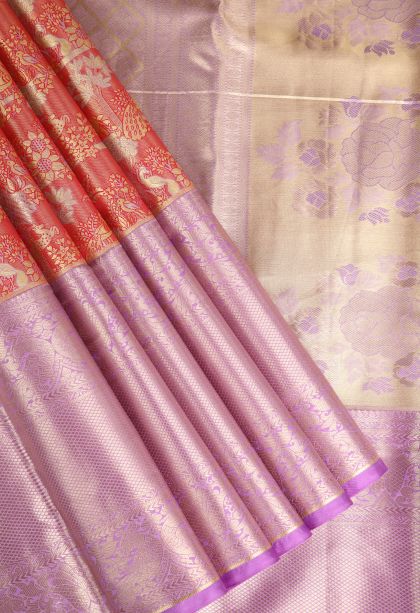 Dawn Red Apoorva Silk Sarees with Gold Zari Animal Mottif