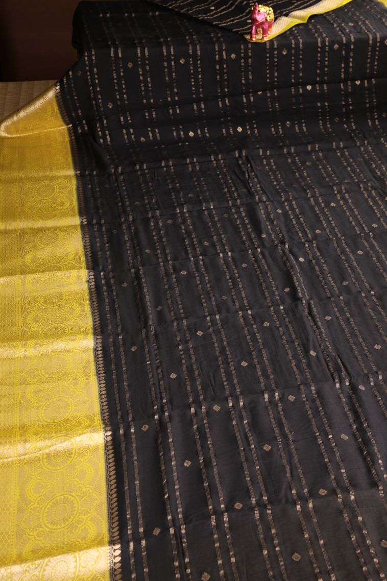 Asphalt Black Chanderi Cotton Sarees Antic Zari with Cross Straipes view 2