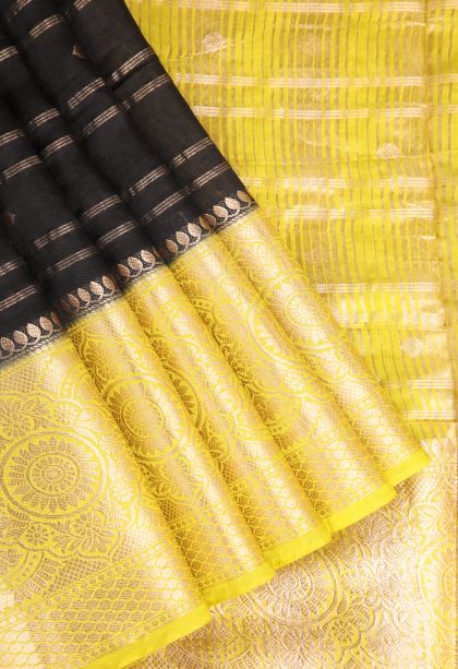 Asphalt Black Chanderi Cotton Sarees Antic Zari with Cross Straipes