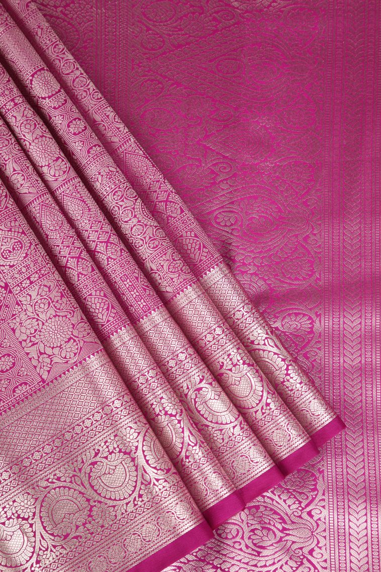 Magenta Pink Apoorva Silk Sarees Silver Zari with Floral Patterns view 1