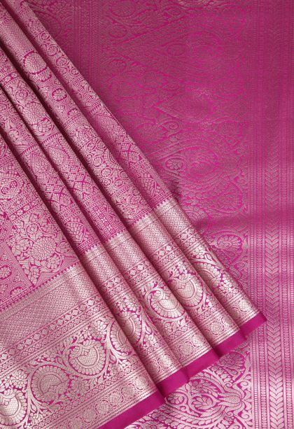 Magenta Pink Apoorva Silk Sarees Silver Zari with Floral Patterns