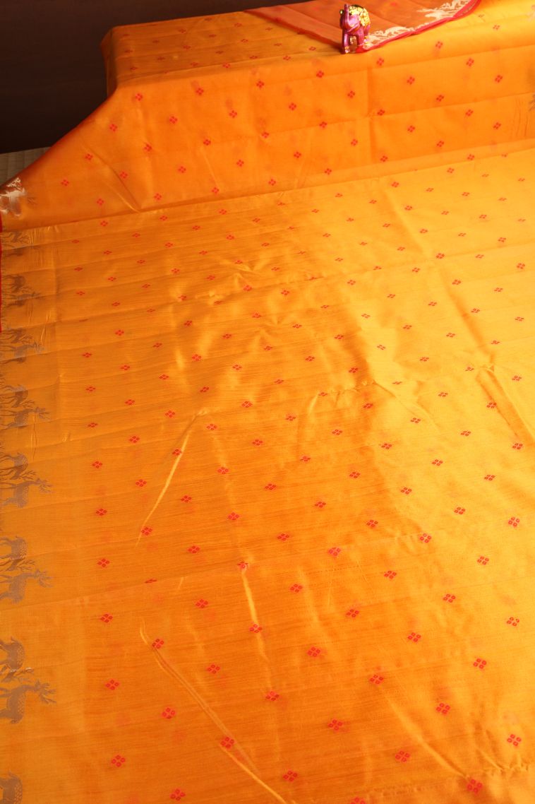 Honey Orange Semi Tussar Silk with Gold Zari Buttis (small Dots Or Motifs) view 2