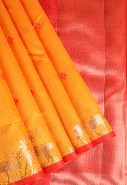 Honey Orange Semi Tussar Silk with Gold Zari Buttis (small Dots Or Motifs)