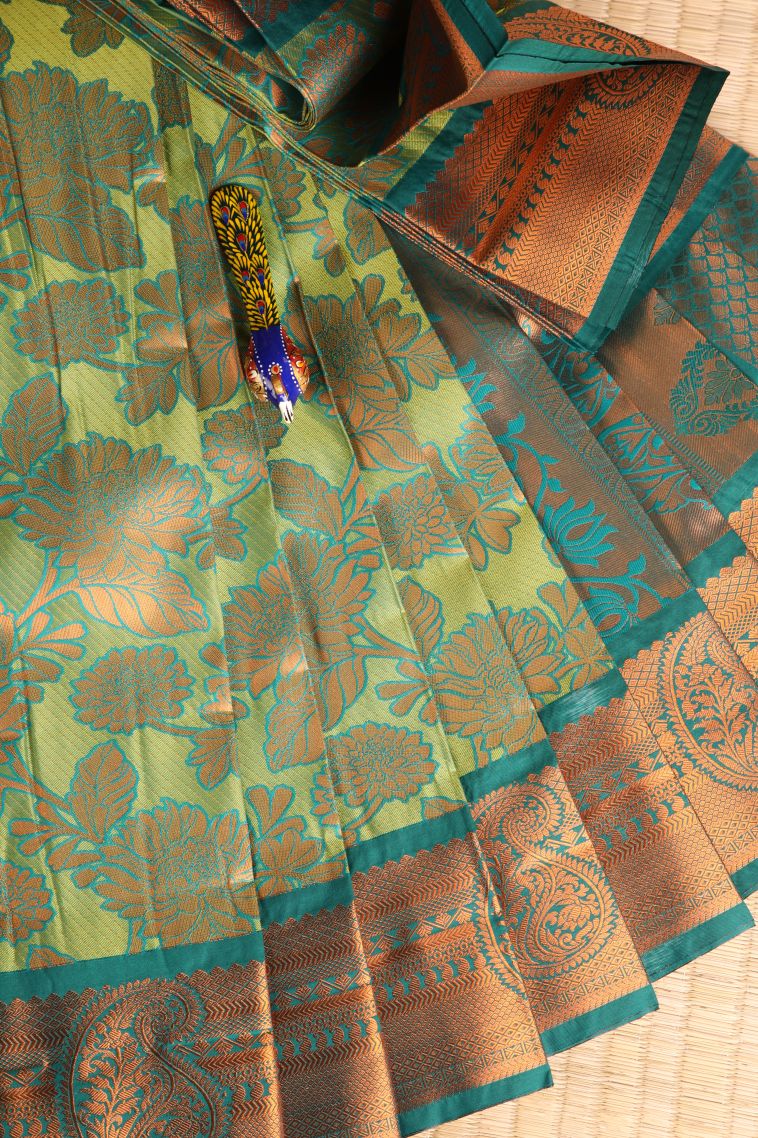 Olive Green Visiri Madippu Silk Sarees with Copper Zari Floral Patterns view 1