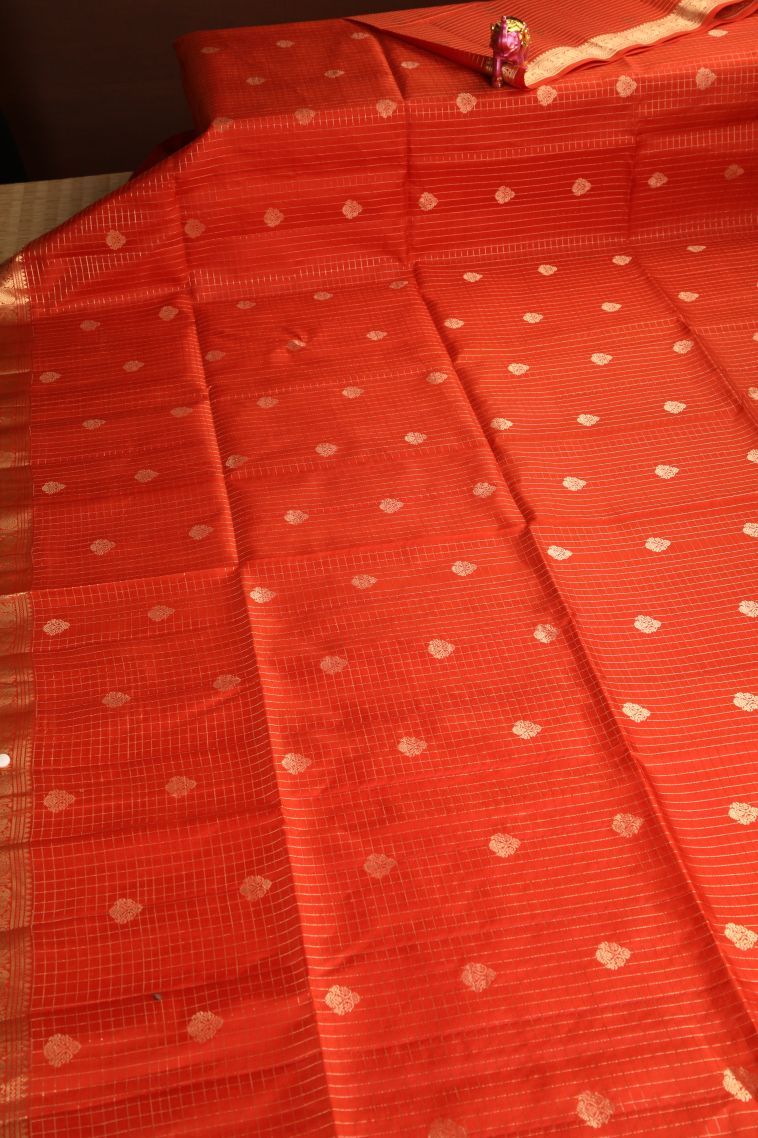 Fire Orange Soft Silk Saree with Gold Zari Floral Puttas view 2