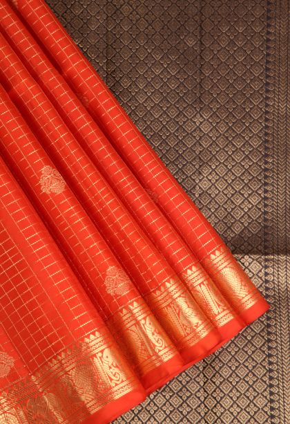 Fire Orange Soft Silk Saree with Gold Zari Floral Puttas