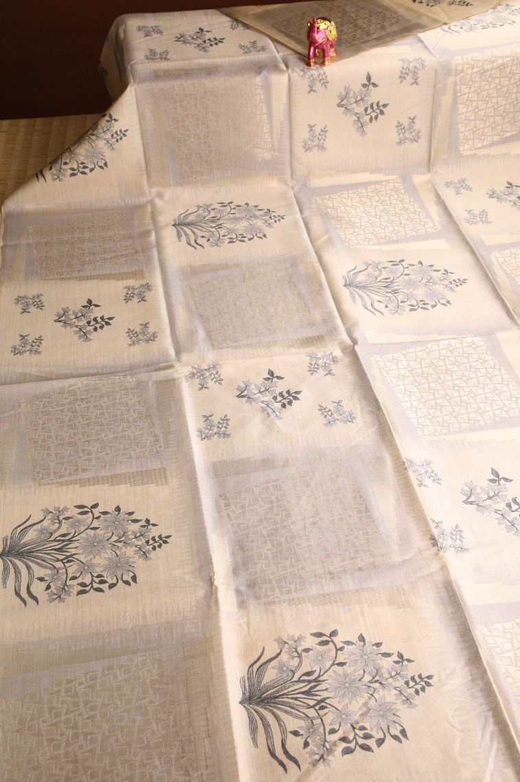 Vanilla Custard Yellow Semi Tussar Silk with Silver Zari Floral Patterns view 2